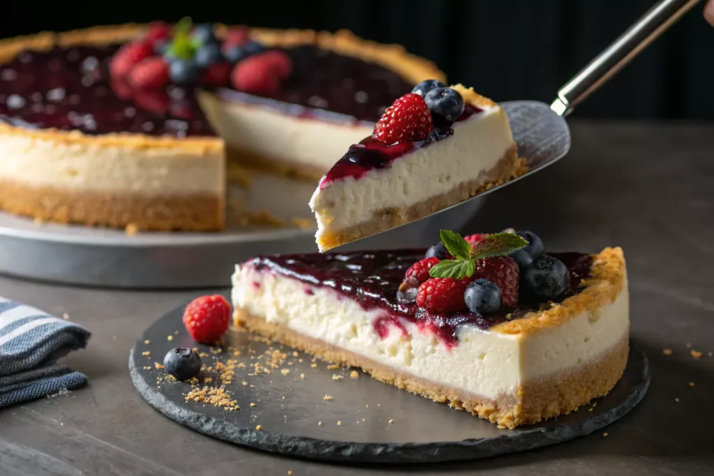 Perfect cheesecake slice being lifted with cake server