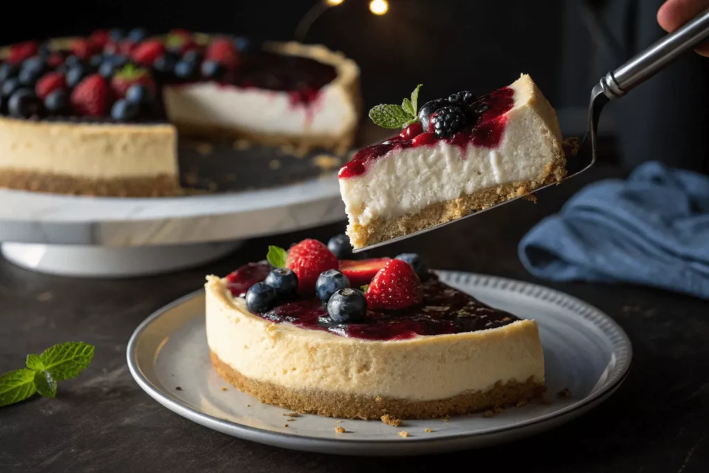 Perfect cheesecake slice being lifted with cake server