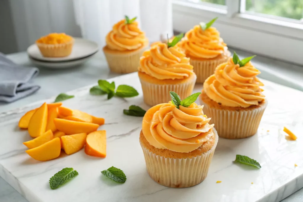  golden mango cupcakes with swirled orange buttercream frosting on a white marble surface