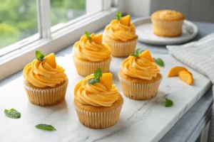 golden mango cupcakes with swirled orange buttercream frosting on a white marble surface