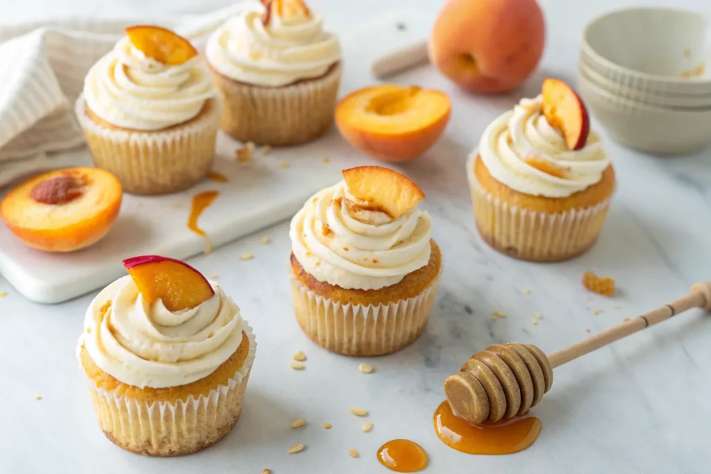 honey peach cream cheese cupcakes arranged on white marble surface