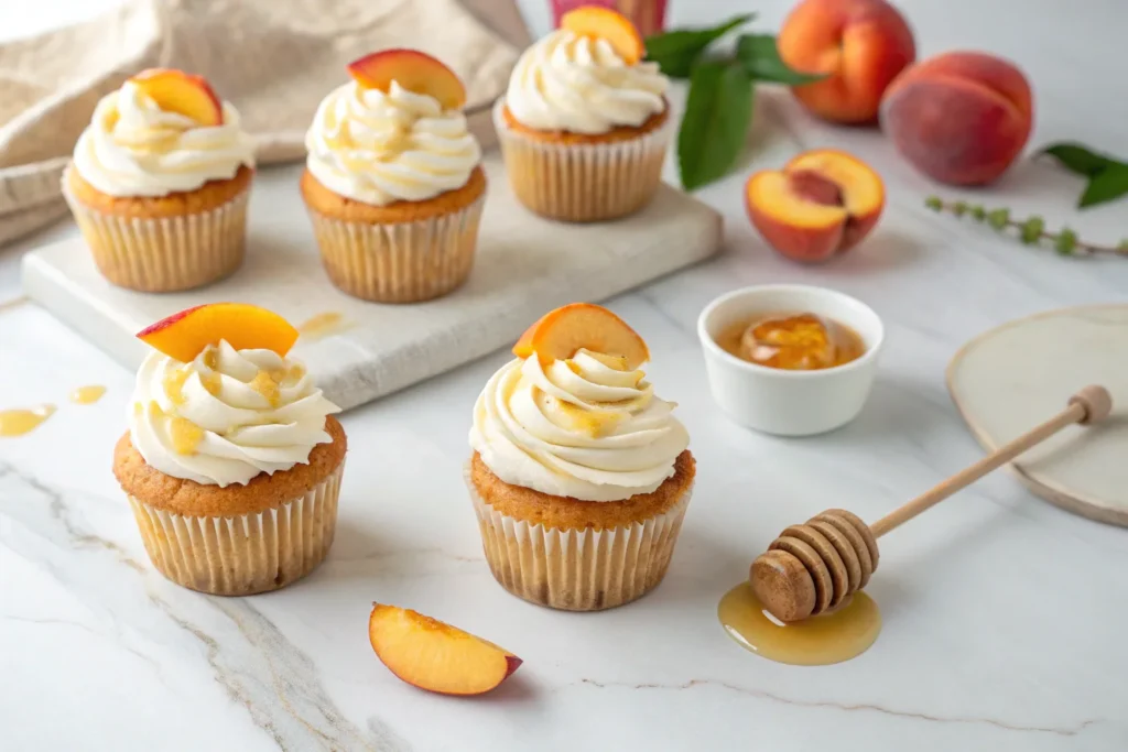 honey peach cream cheese cupcakes arranged on white marble surface