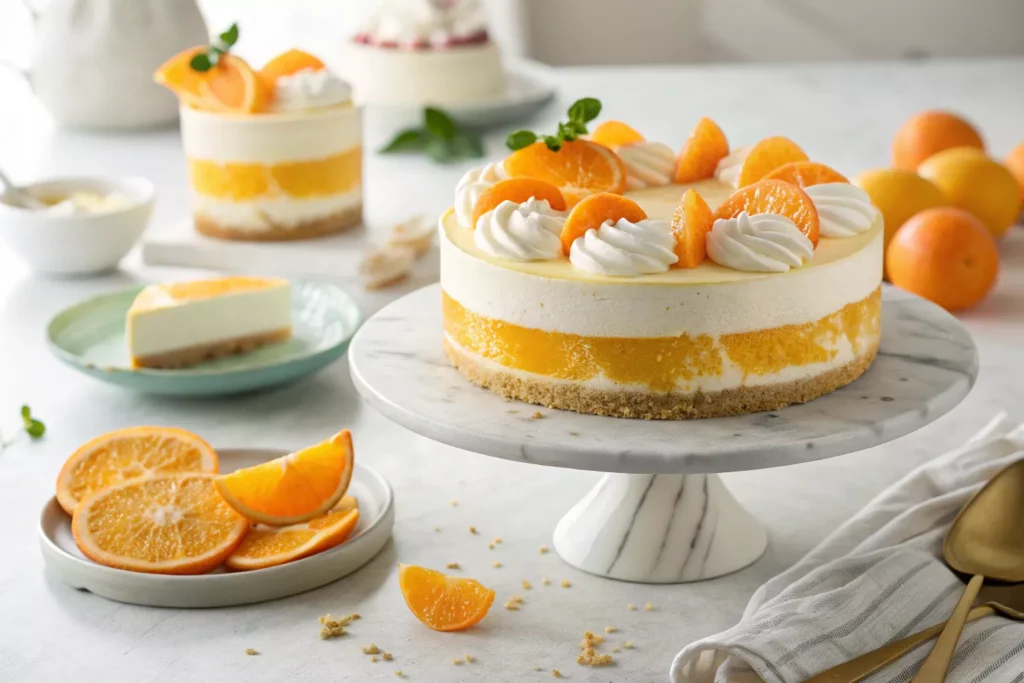 stunning no-bake orange creamsicle cheesecake on a white marble cake stand