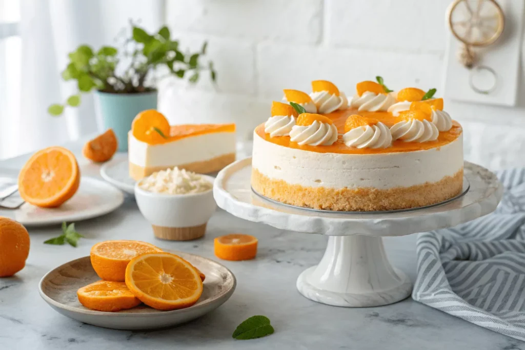 stunning no-bake orange creamsicle cheesecake on a white marble cake stand