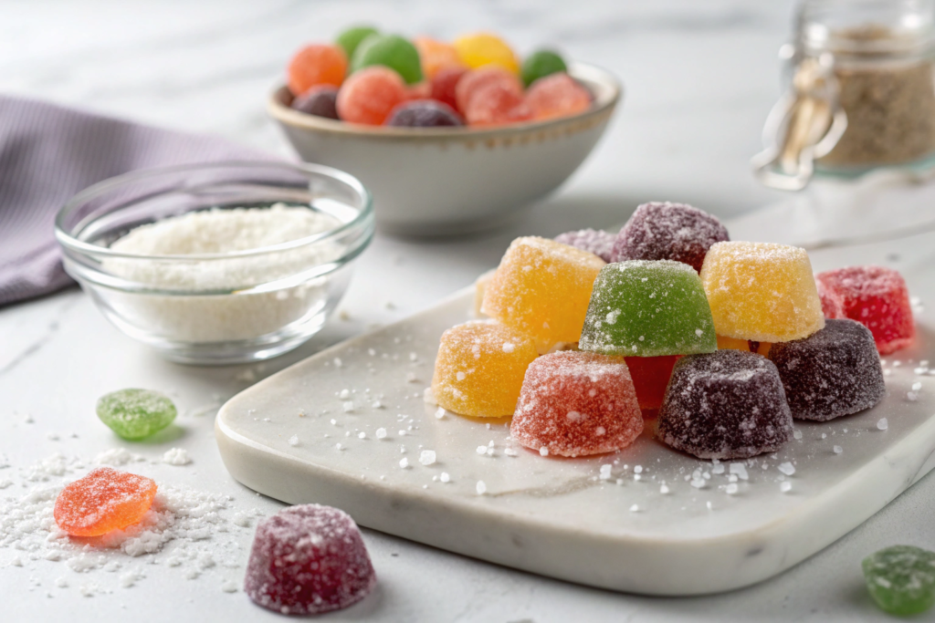  homemade gumdrops arranged on white marble surface