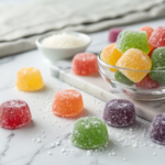 homemade gumdrops arranged on white marble surface