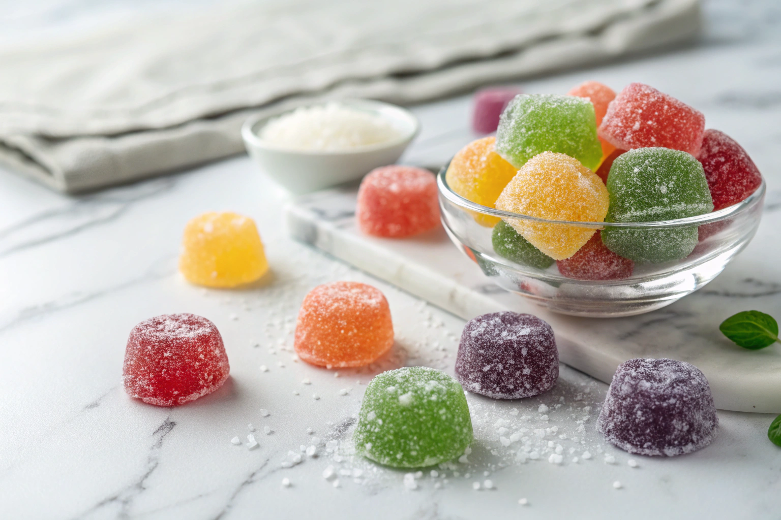 homemade gumdrops arranged on white marble surface