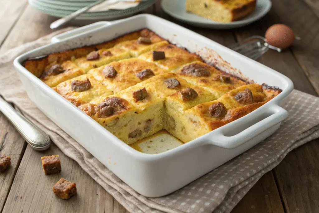 Golden brown pancake casserole with sausage in a white ceramic 9x13 baking dish
