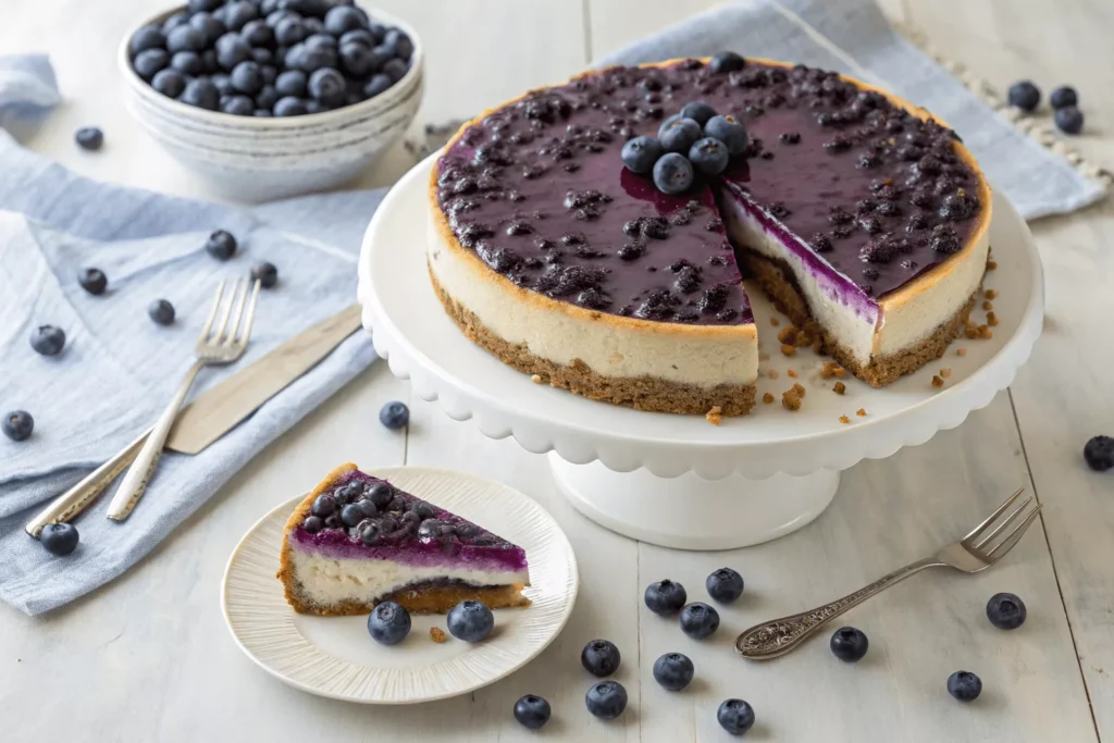 Stunning overhead shot of whole blueberry cheesecake on cake stand