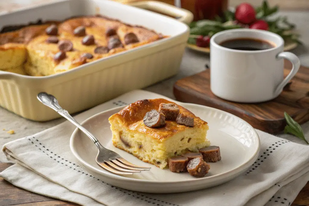 Golden brown pancake casserole with sausage in a white ceramic 9x13 baking dish