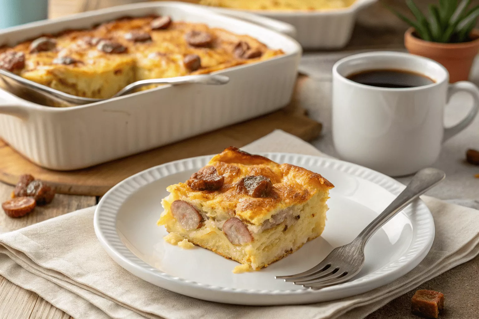 Golden brown pancake casserole with sausage in a white ceramic 9x13 baking dish