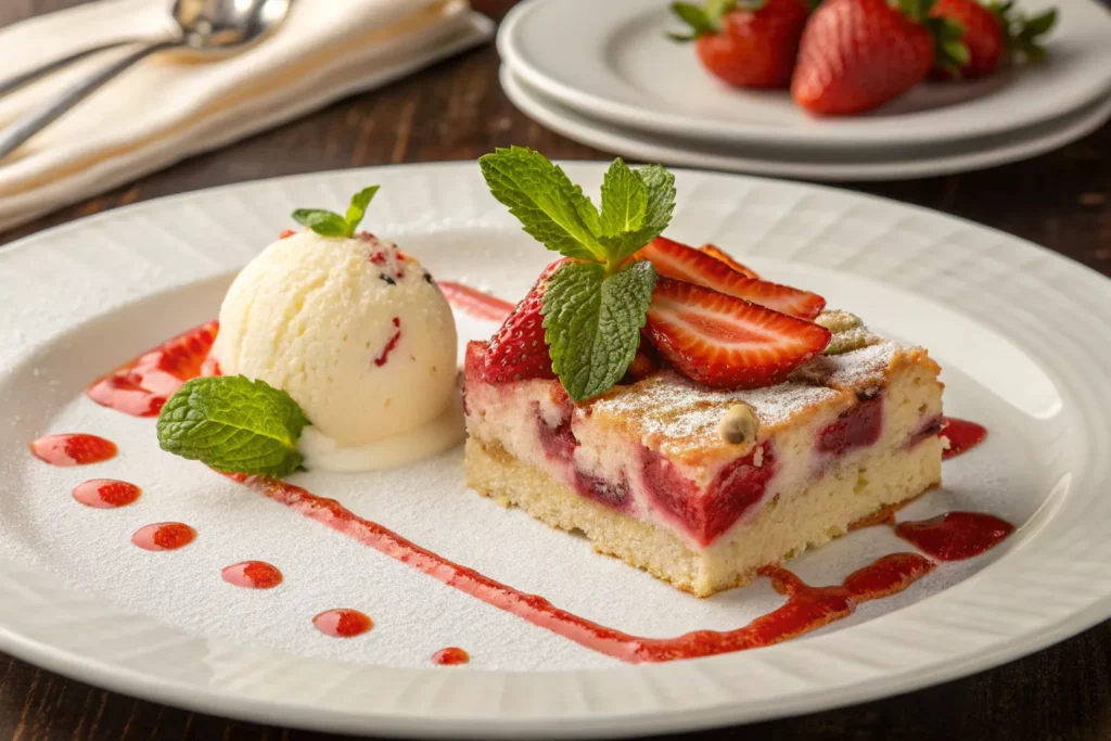 slice of strawberry earthquake cake with vanilla ice cream