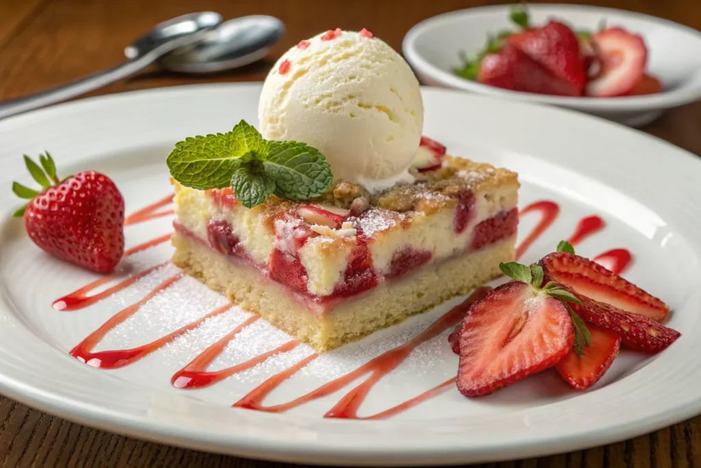 slice of strawberry earthquake cake with vanilla ice cream