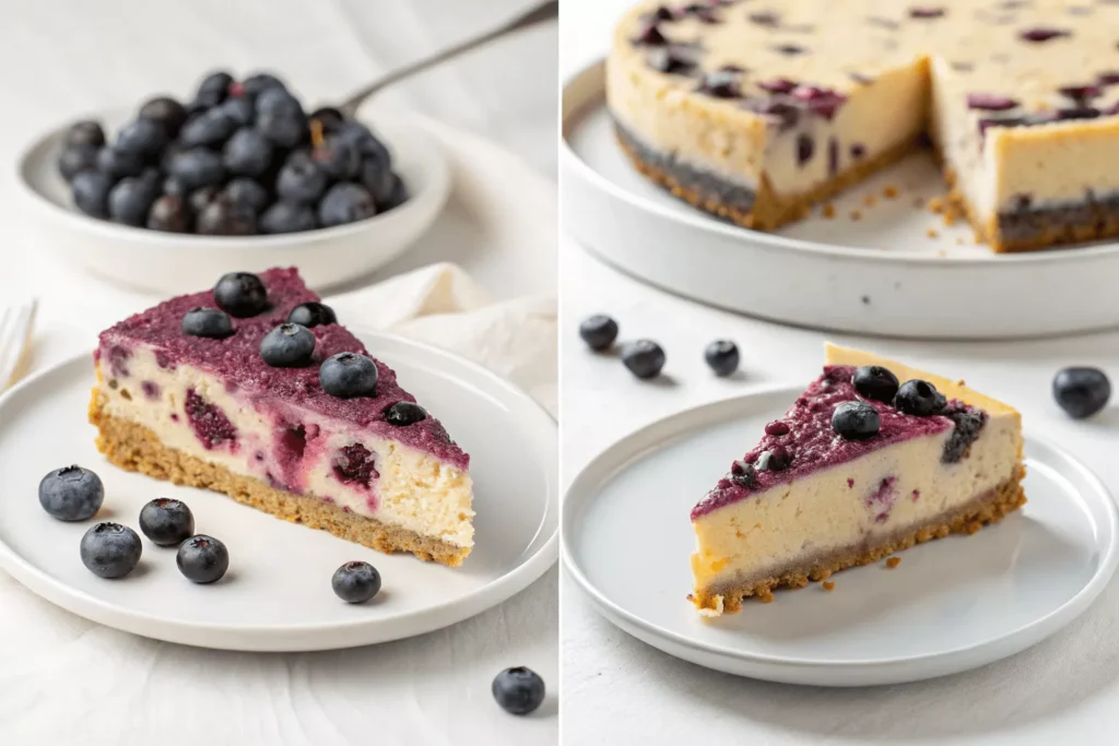 Side-by-side comparison: left shows baked blueberry cheesecake slice, right shows no-bake version slice