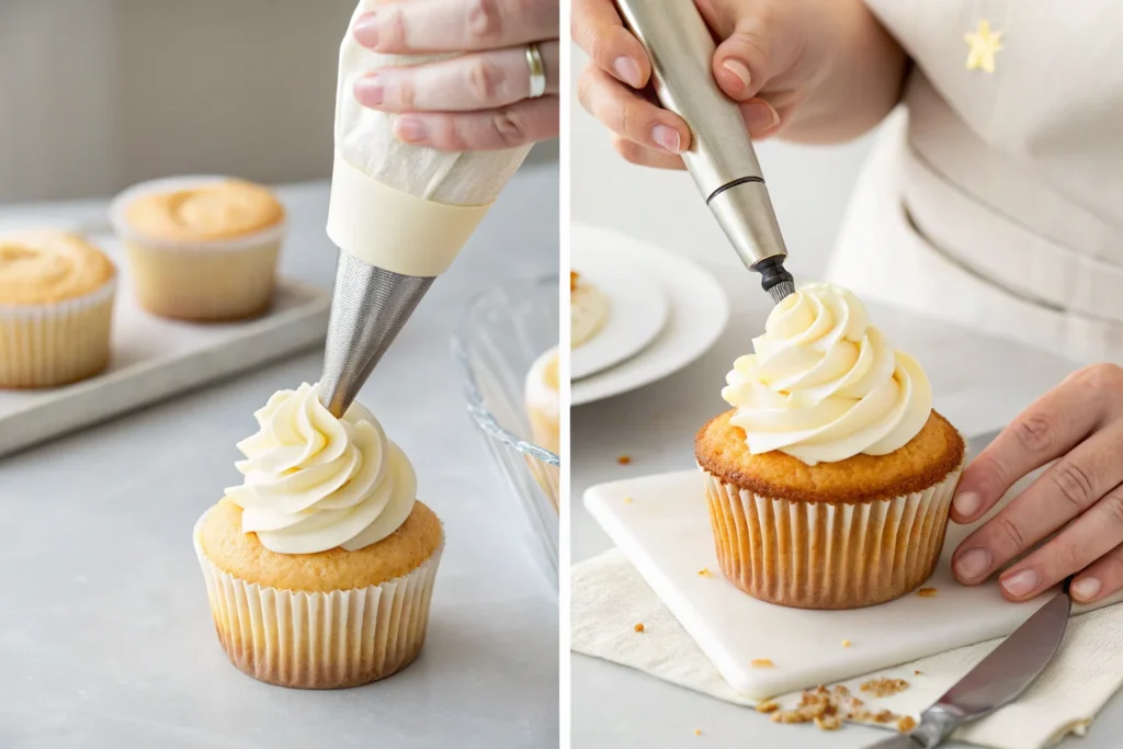 Split image showing piping bag with star tip creating swirled frosting on cupcake 