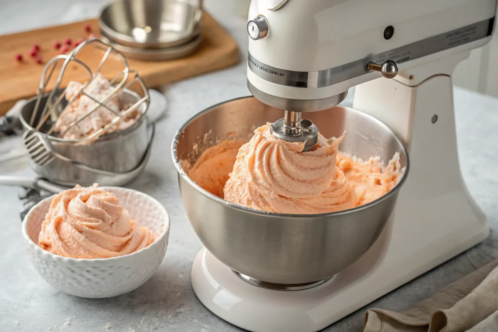 Making Frosting:
 "Stand mixer with fluffy peach-tinted cream cheese frosting, mixer paddle visible