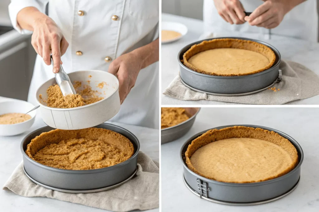 Step-by-step process photos showing graham cracker crust being pressed