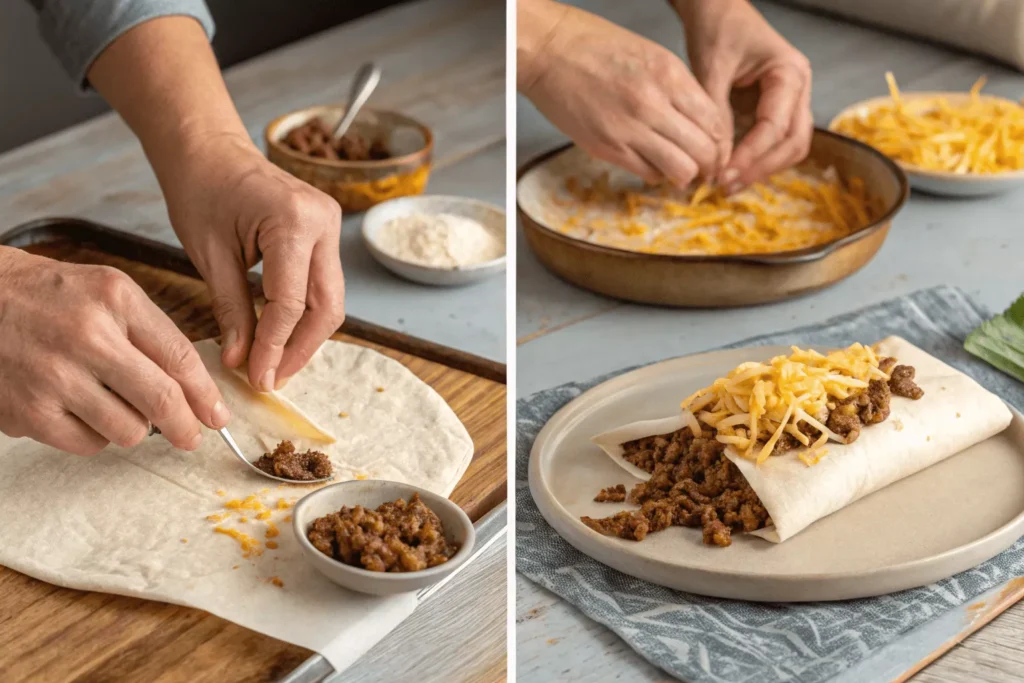 Step-by-step sequence showing hands assembling chimichanga