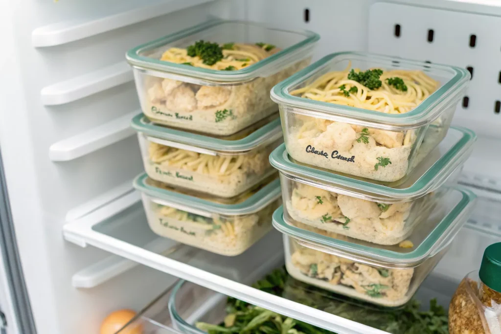 Storing leftover crockpot chicken alfredo in meal prep containers