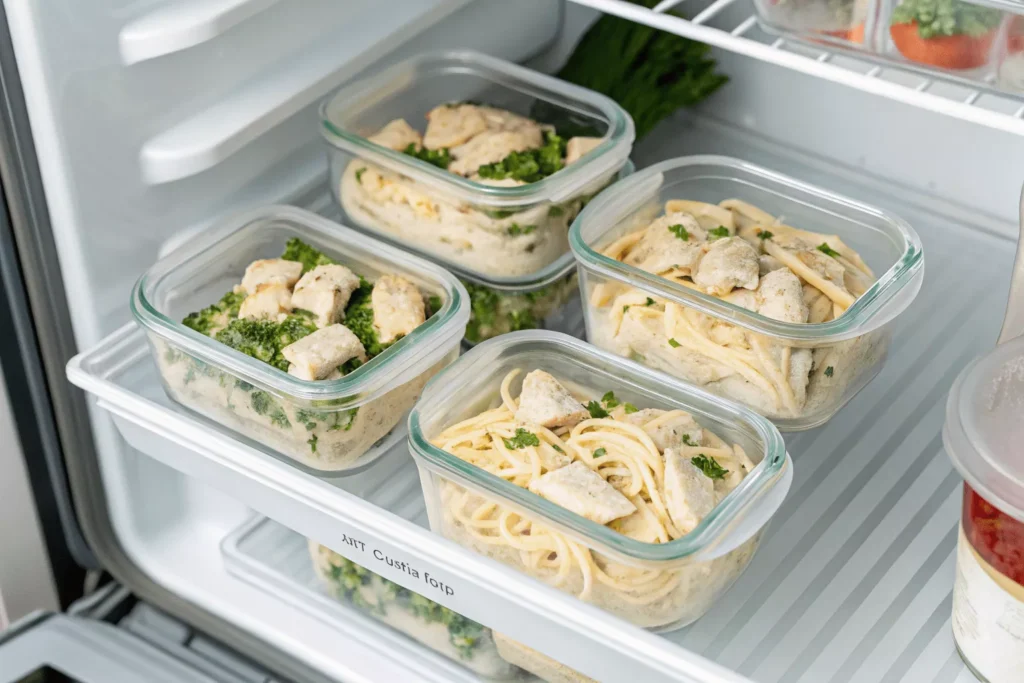 Storing leftover crockpot chicken alfredo in meal prep containers