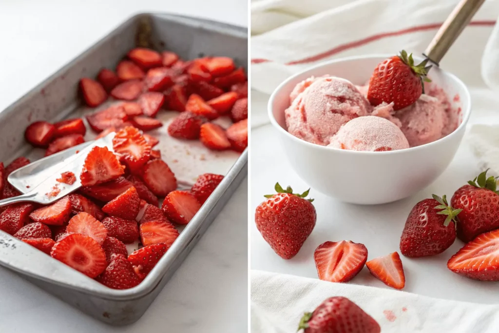 Fresh macerated strawberries and freeze-dried strawberries for ice cream