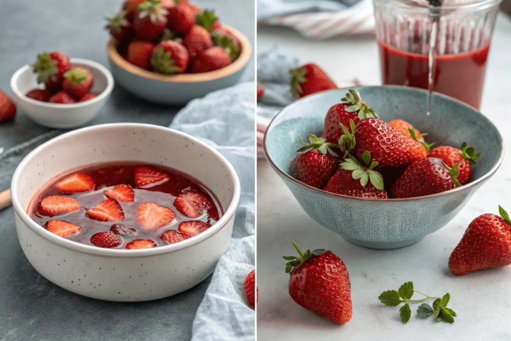 Macerated strawberries releasing natural juices for ice cream