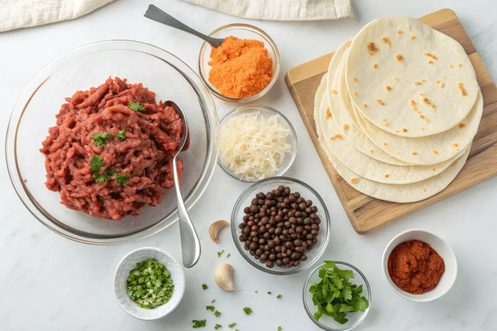 chimichanga ingredients neatly arranged on white marble countertop.