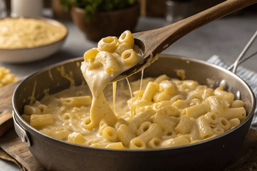 elbow macaroni being folded into creamy five-cheese sauce in large pot,