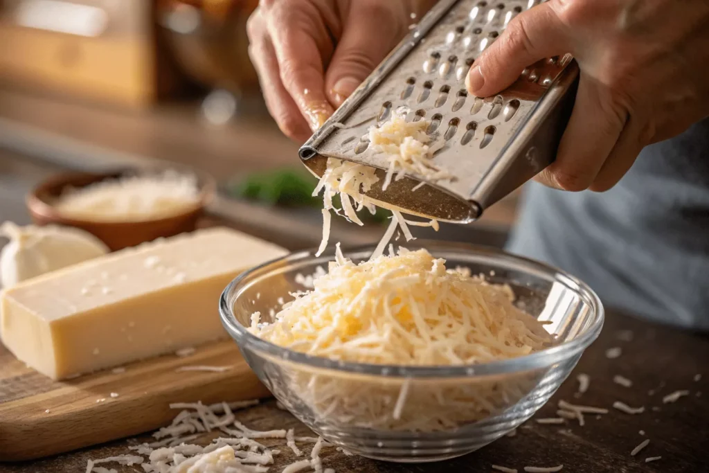 Close-up macro shot of hands grating sharp white cheddar cheese on box grater