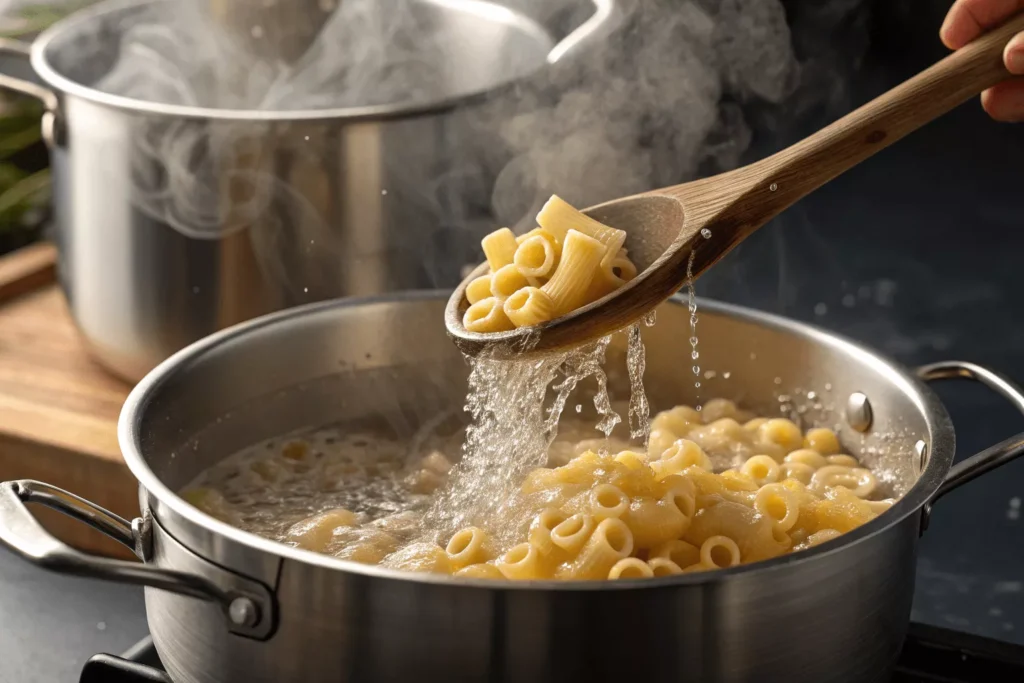 Large stainless steel pot with vigorously boiling salted water, wooden spoon lifting perfectly cooked large elbow macaroni 