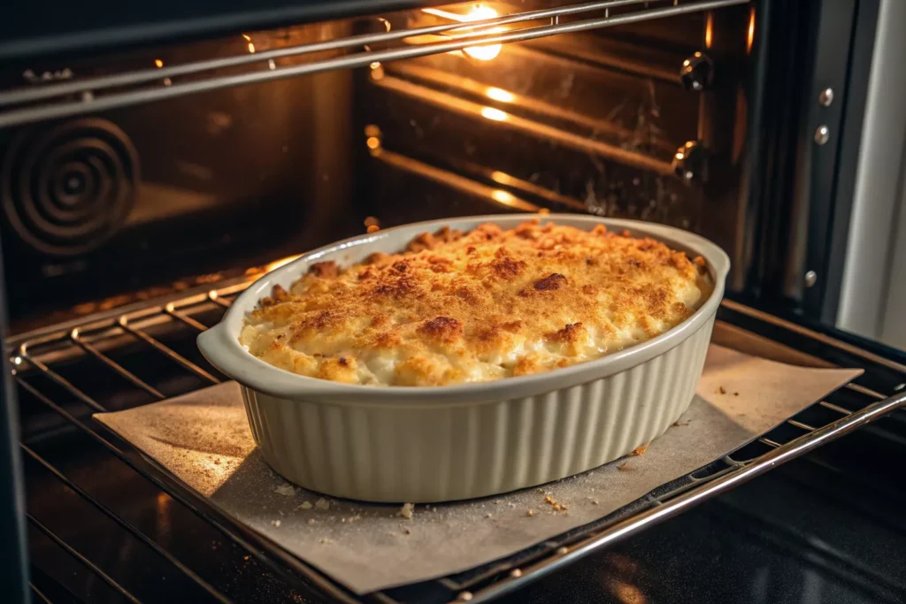 Mac and cheese baking in oven,