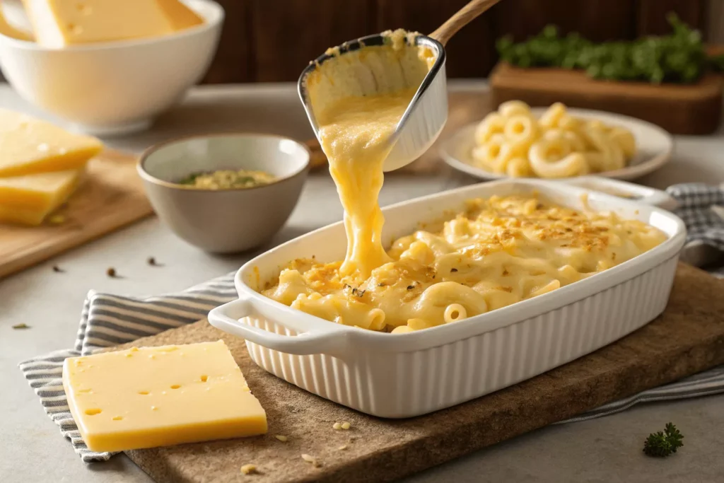 Mac and cheese mixture being poured into buttered white ceramic baking dish