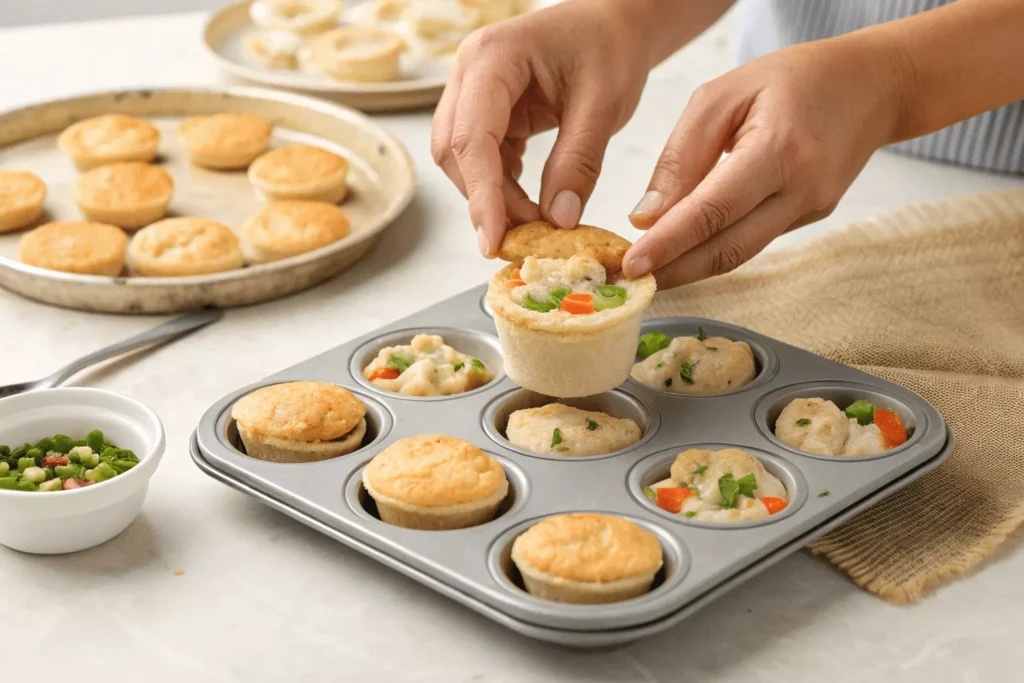 muffin Mini Chicken Pot Pies with biscuits.Hands placing small biscuit pieces on top of filled muffin cups as lids