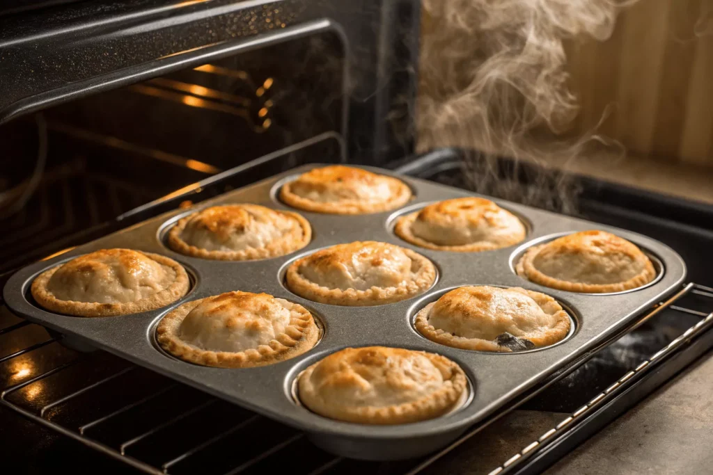 muffin Mini Chicken Pot Pies with biscuits.Oven view of muffin tin with 12 mini pot pies baking