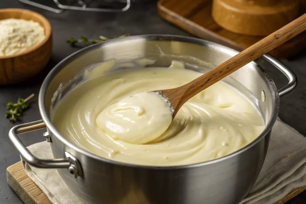  creamy white cheese sauce in large stainless steel pot,