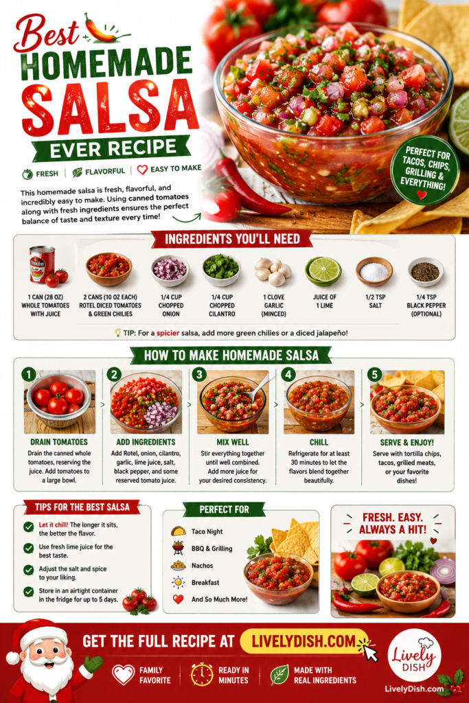 Best homemade salsa ever recipe infographic with ingredients, steps, and serving ideas.