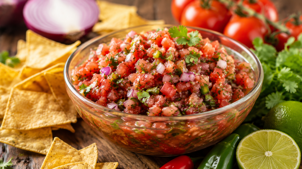 Homemade salsa served with tortilla chips, tacos, nachos, and lime wedges.