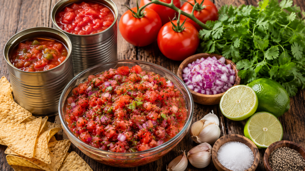 Homemade salsa ingredients including canned tomatoes, Rotel, onion, cilantro, garlic, lime, salt, and pepper.