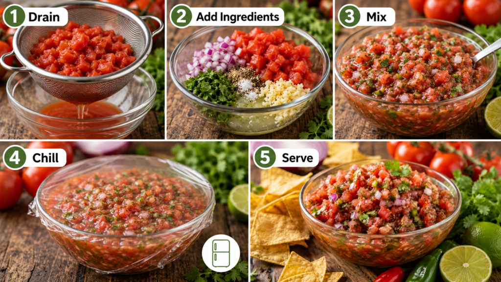 Step by step homemade salsa recipe showing how to mix tomatoes, onion, cilantro, garlic, lime, and seasonings.
